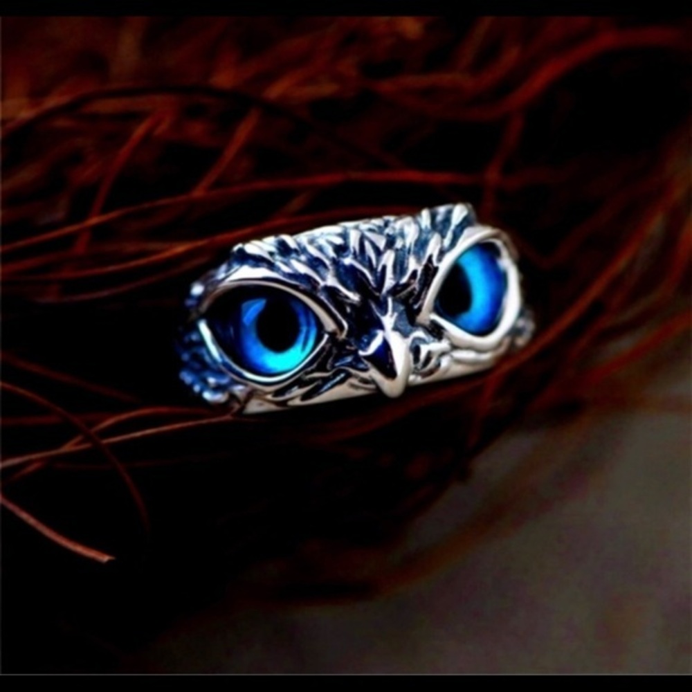 Antique Silver Aqua Blue Eye Owl ring adjustable 925 stamped